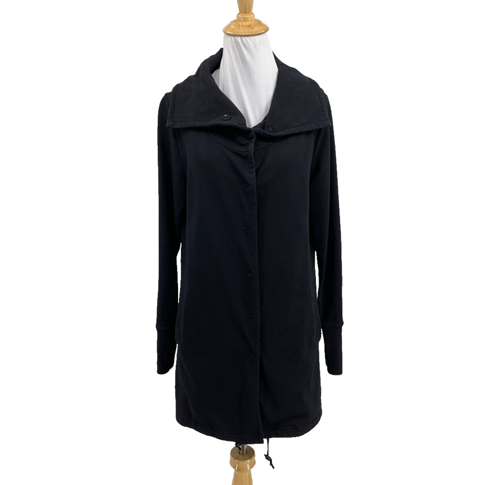 Eileen Fisher Jacket Womens S Small Black Wide Collar Snap Button Longline